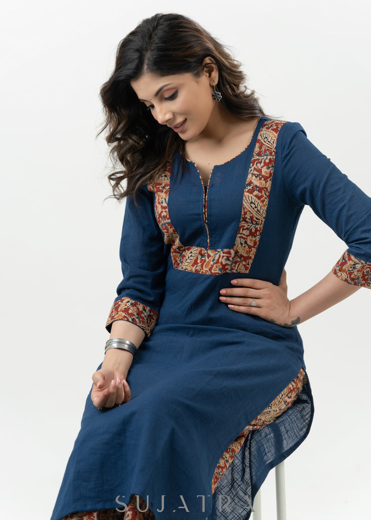 Exclusive Navy Blue Cotton Kalamkari Kurta - Palazzo Optional