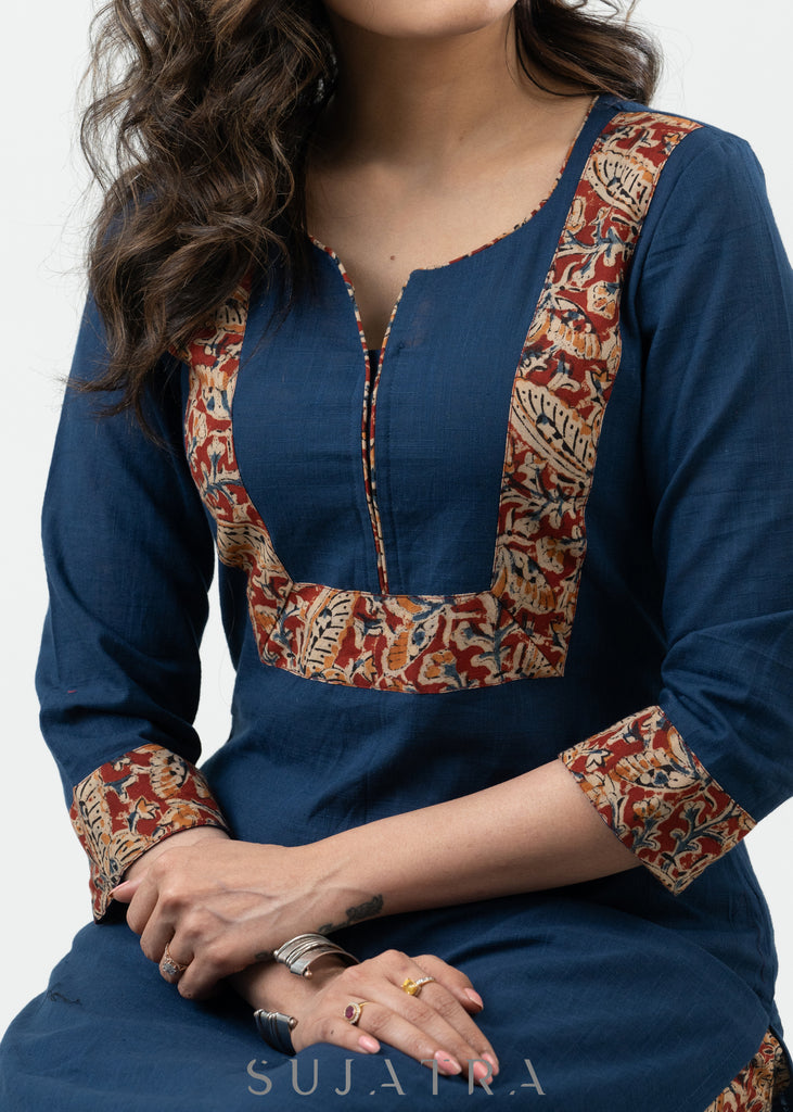 Exclusive Navy Blue Cotton Kalamkari Kurta - Palazzo Optional