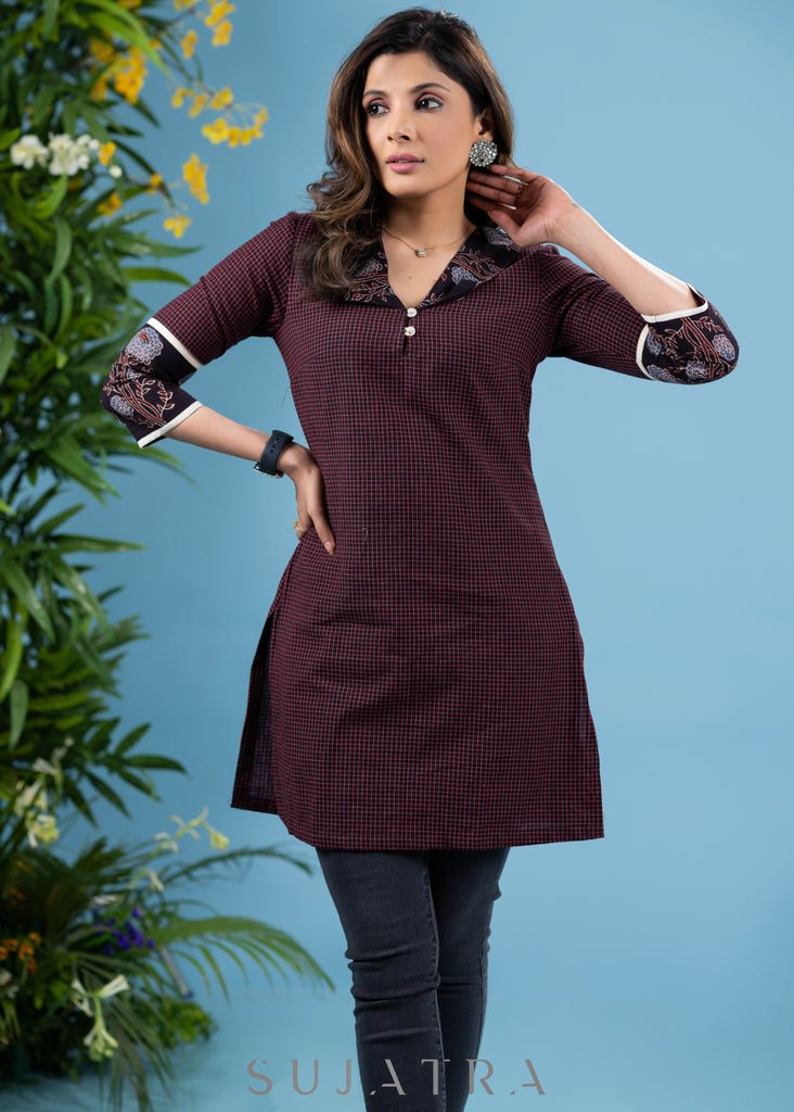 Elegant wine cotton checkered tunic with floral ajrakh combination