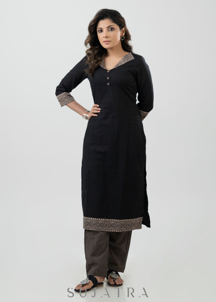 Smart Black Cotton Ajrakh Kurta -Pant Optional