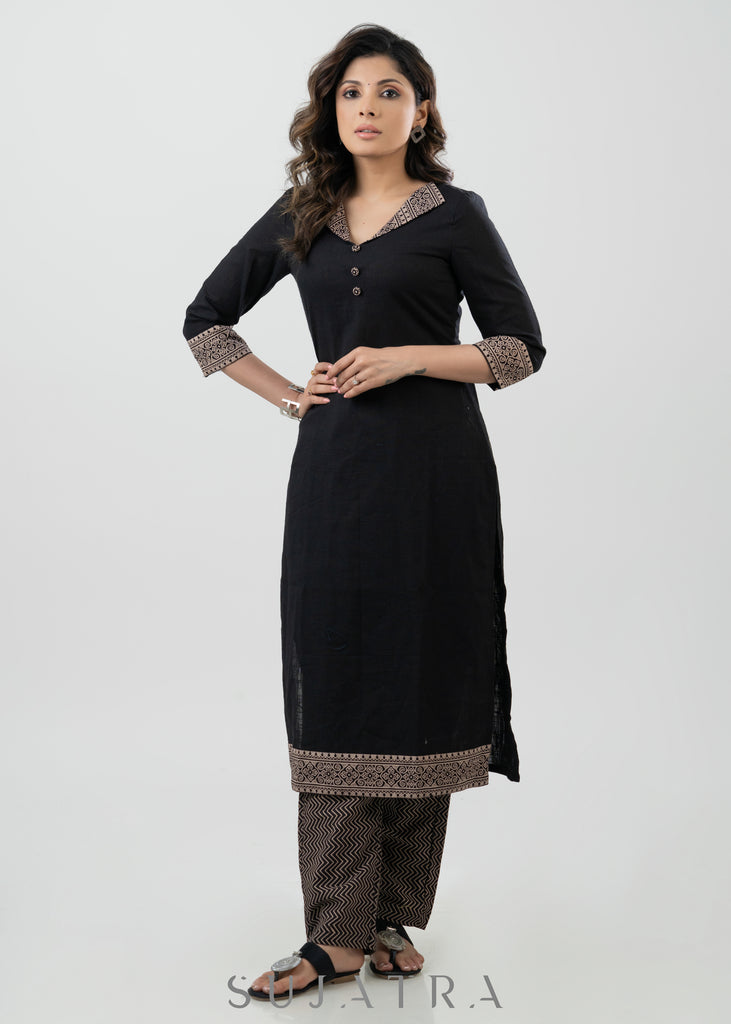 Smart Black Cotton Ajrakh Kurta -Pant Optional