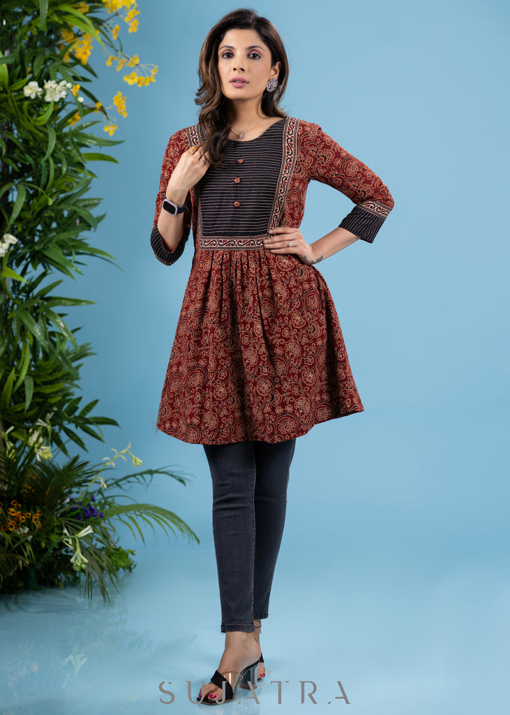 Exclusive maroon ajrakh cotton tunic with highlighted yoke