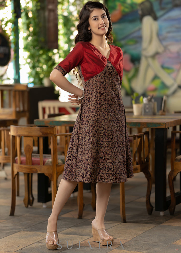 Black Floral Ajrakh with maroon silk yoke