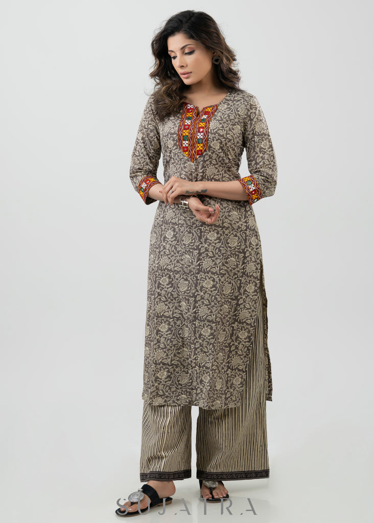 Trendy Grey Cotton Block Print Kurta With Kutch Mirror Work - Pant Optional