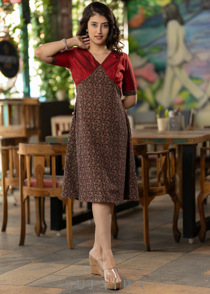 Black Floral Ajrakh with maroon silk yoke