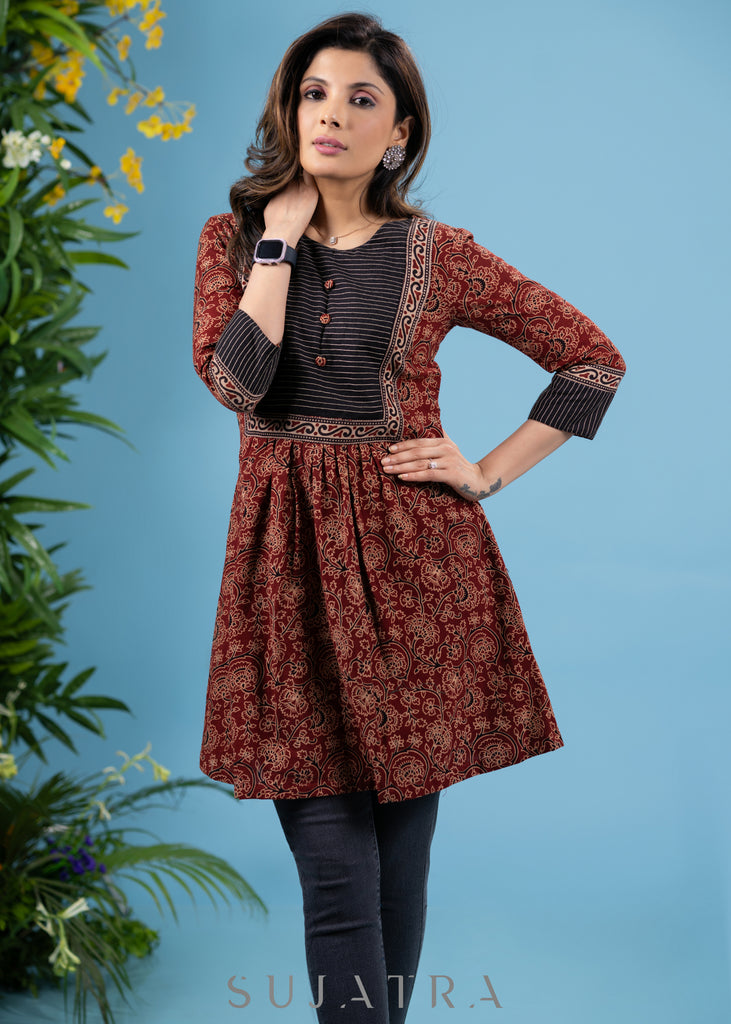 Exclusive maroon ajrakh cotton tunic with highlighted yoke