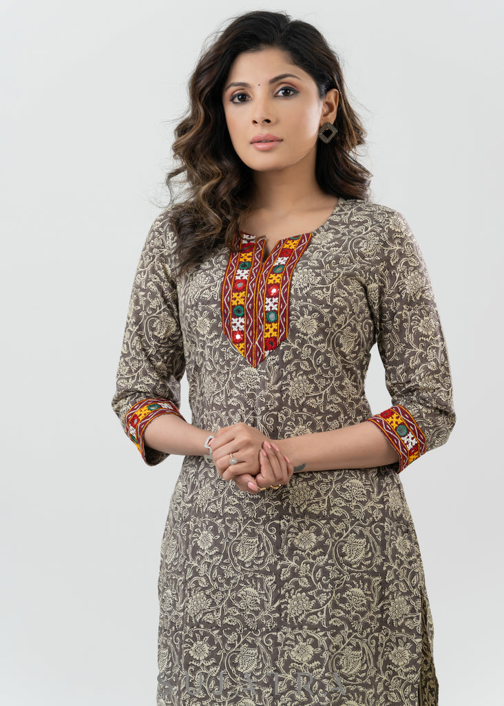 Trendy Grey Cotton Block Print Kurta With Kutch Mirror Work - Pant Optional