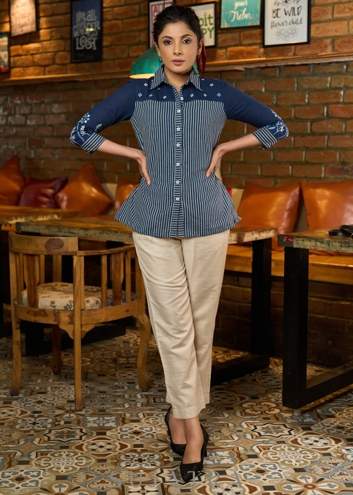 Navy blue striped cotton shirt with embroidery on yoke & sleeves - pant Optional