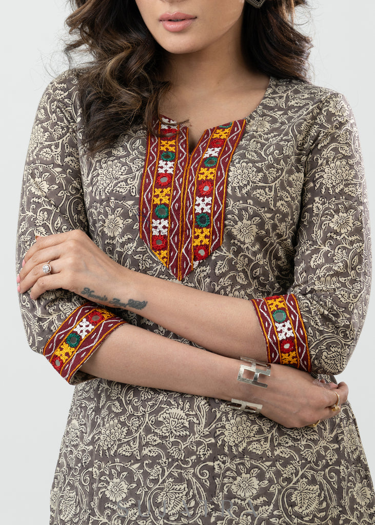 Trendy Grey Cotton Block Print Kurta With Kutch Mirror Work - Pant Optional