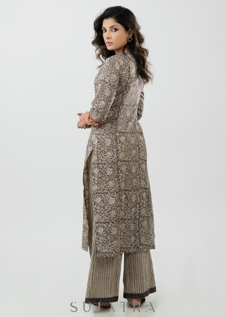 Trendy Grey Cotton Block Print Kurta With Kutch Mirror Work - Pant Optional