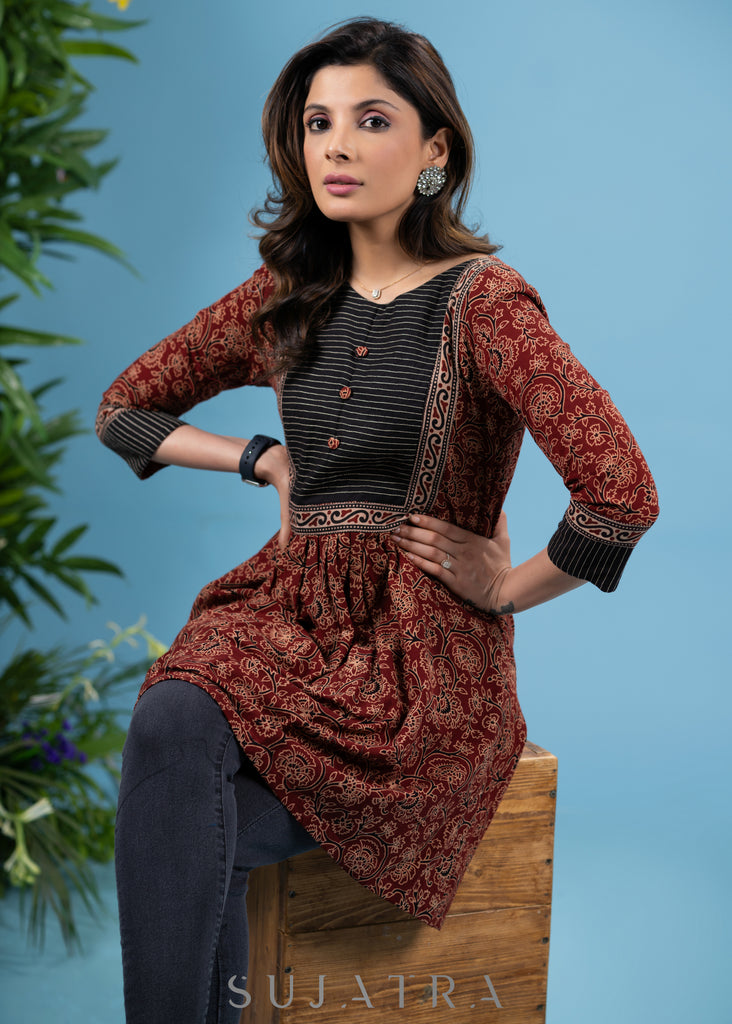 Exclusive maroon ajrakh cotton tunic with highlighted yoke