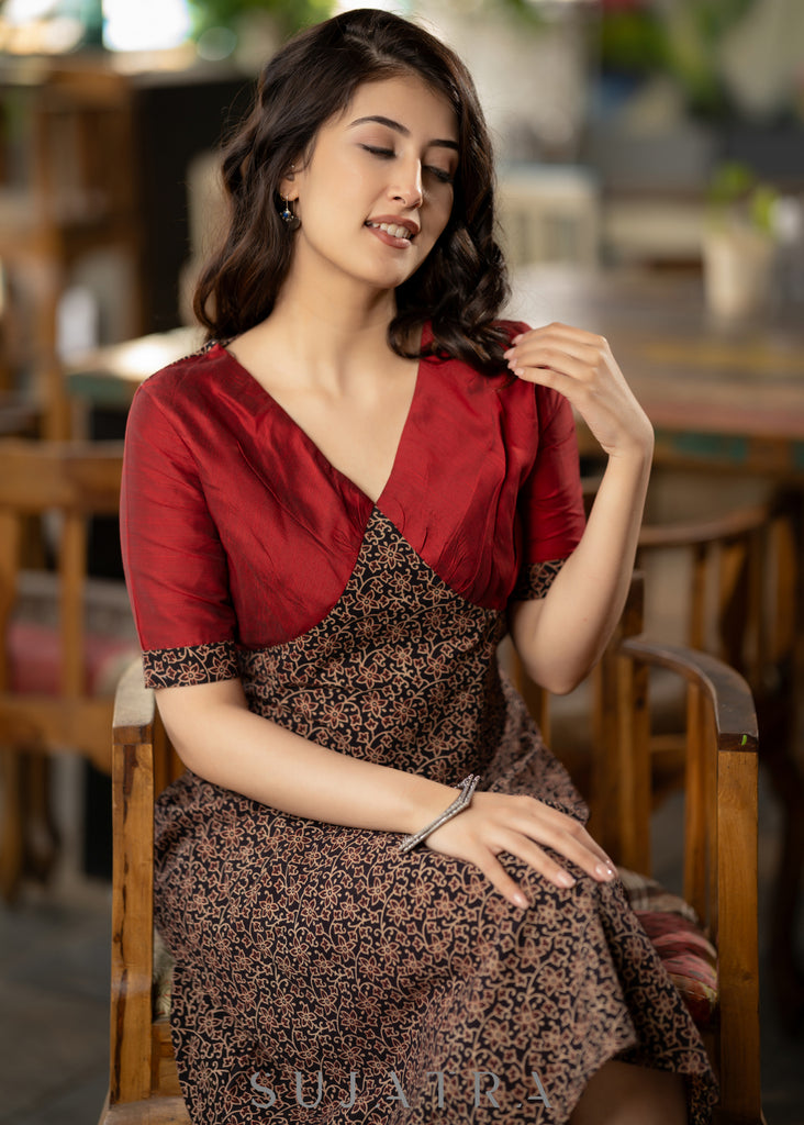 Black Floral Ajrakh with maroon silk yoke