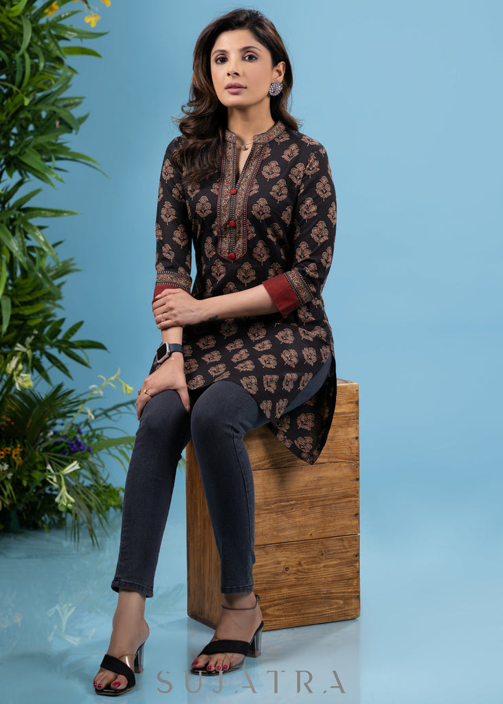 Elegant black cotton printed ajrakh tunic