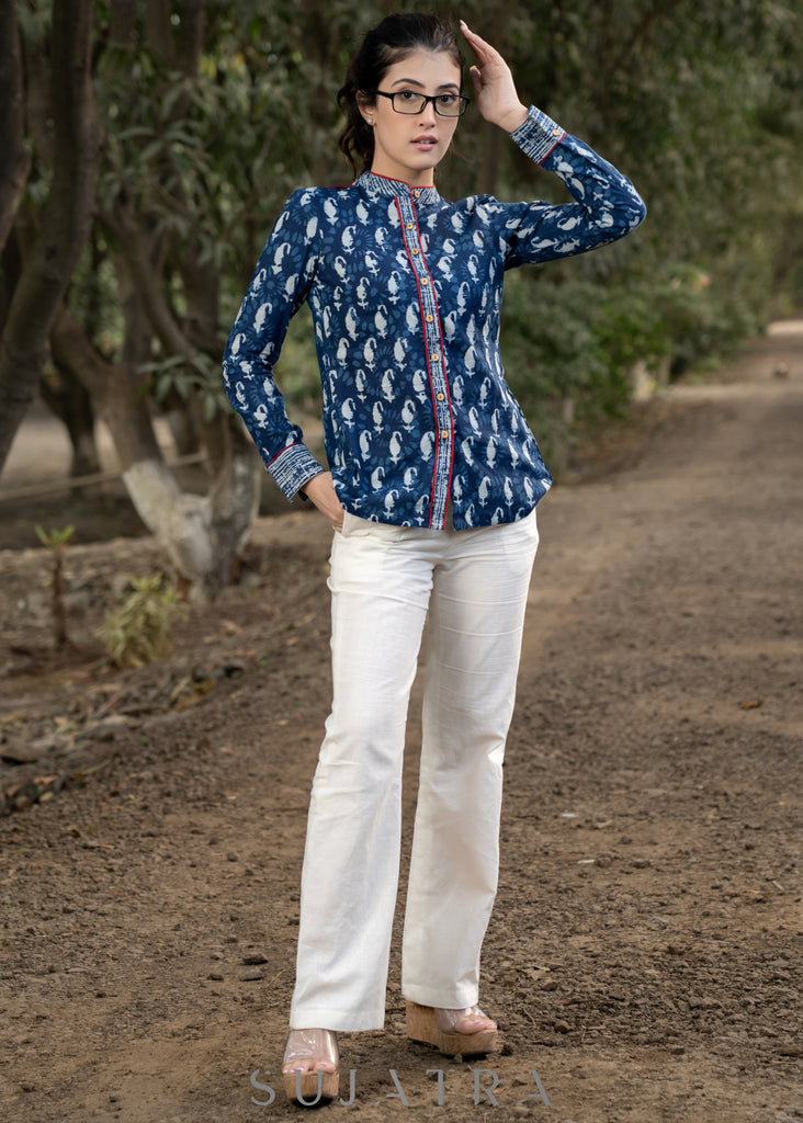 Trendy Indigo Combination Shirtwith Mandarin Collar