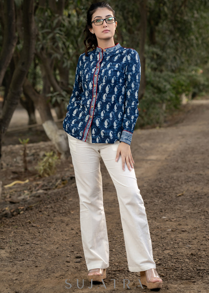 Trendy Indigo Combination Shirtwith Mandarin Collar