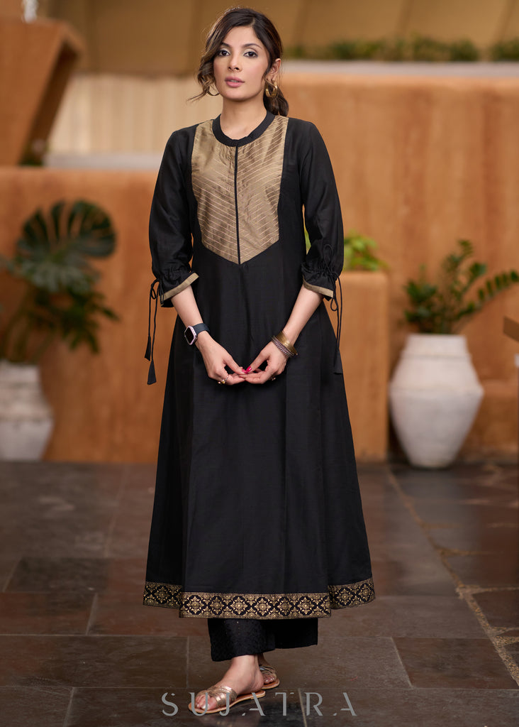 Stylish Black Cotton silk kurta with golden zari yoke Pant optional
