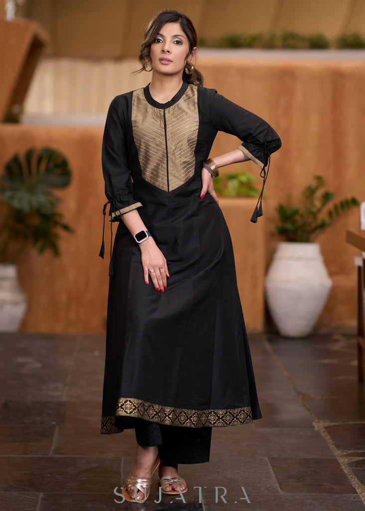 Stylish Black Cotton silk kurta with golden zari yoke Pant optional
