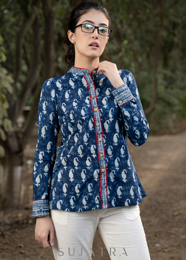 Trendy Indigo Combination Shirtwith Mandarin Collar