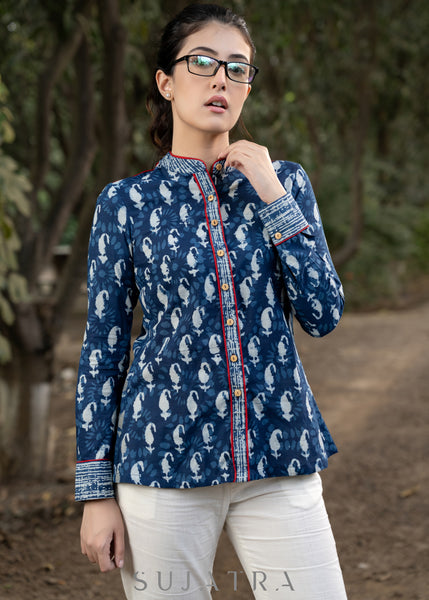 Trendy Indigo Combination Shirtwith Mandarin Collar