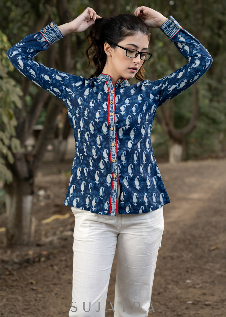 Trendy Indigo Combination Shirtwith Mandarin Collar