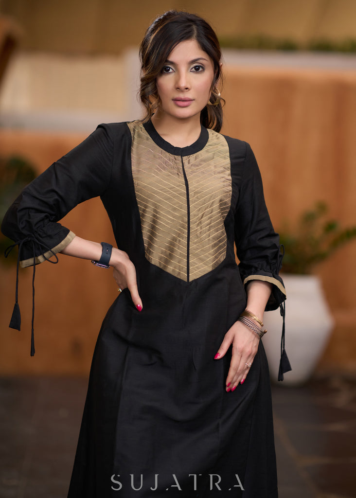 Stylish Black Cotton silk kurta with golden zari yoke Pant optional