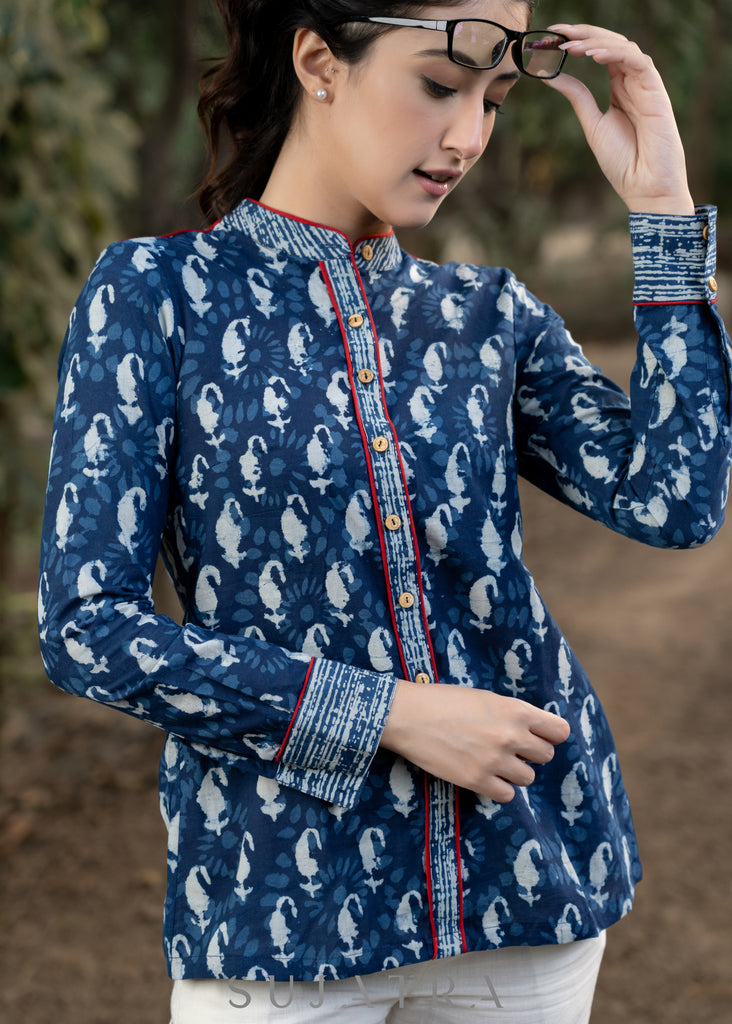 Trendy Indigo Combination Shirtwith Mandarin Collar