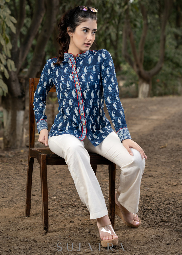 Trendy Indigo Combination Shirtwith Mandarin Collar