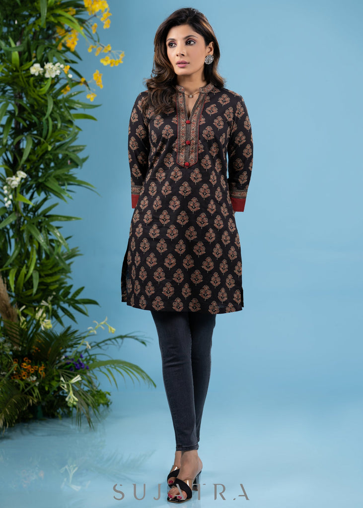 Elegant black cotton printed ajrakh tunic