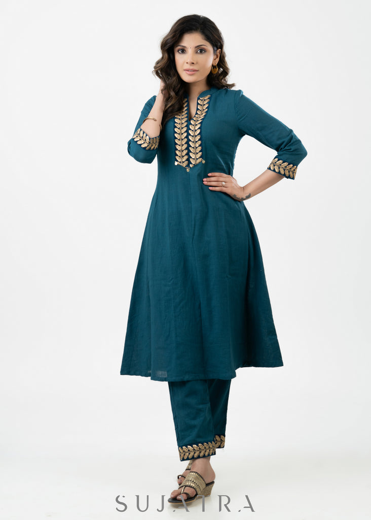 Elegant Teal Cotton A Line Kurta With Laces - Pant Optional