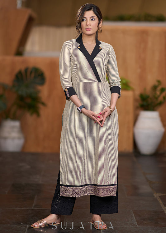 Classy Beige striped cotton kurta with black collar - Pant optional