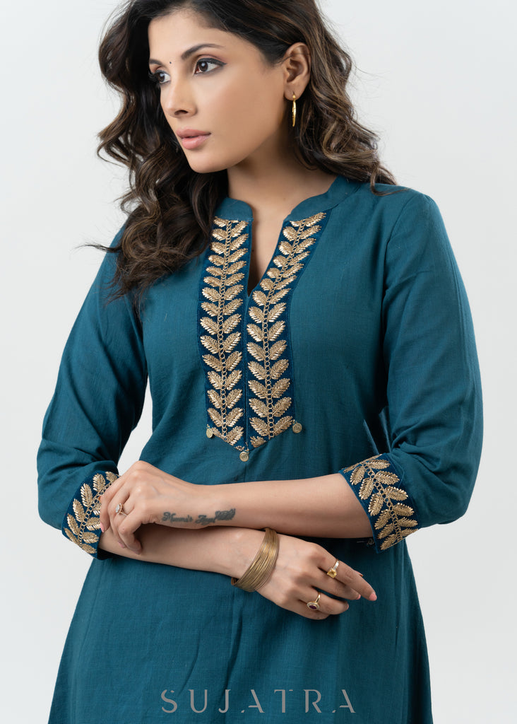 Elegant Teal Cotton A Line Kurta With Laces - Pant Optional