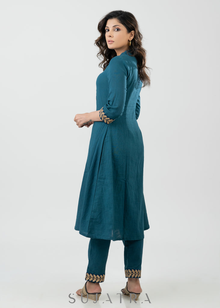 Elegant Teal Cotton A Line Kurta With Laces - Pant Optional