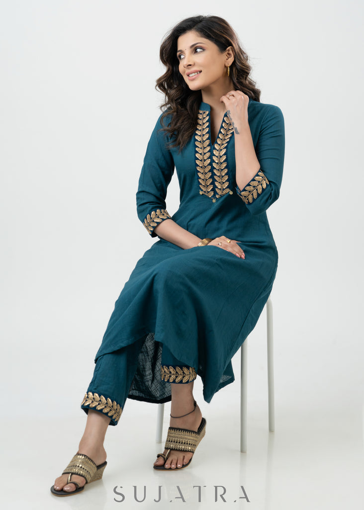 Elegant Teal Cotton A Line Kurta With Laces - Pant Optional