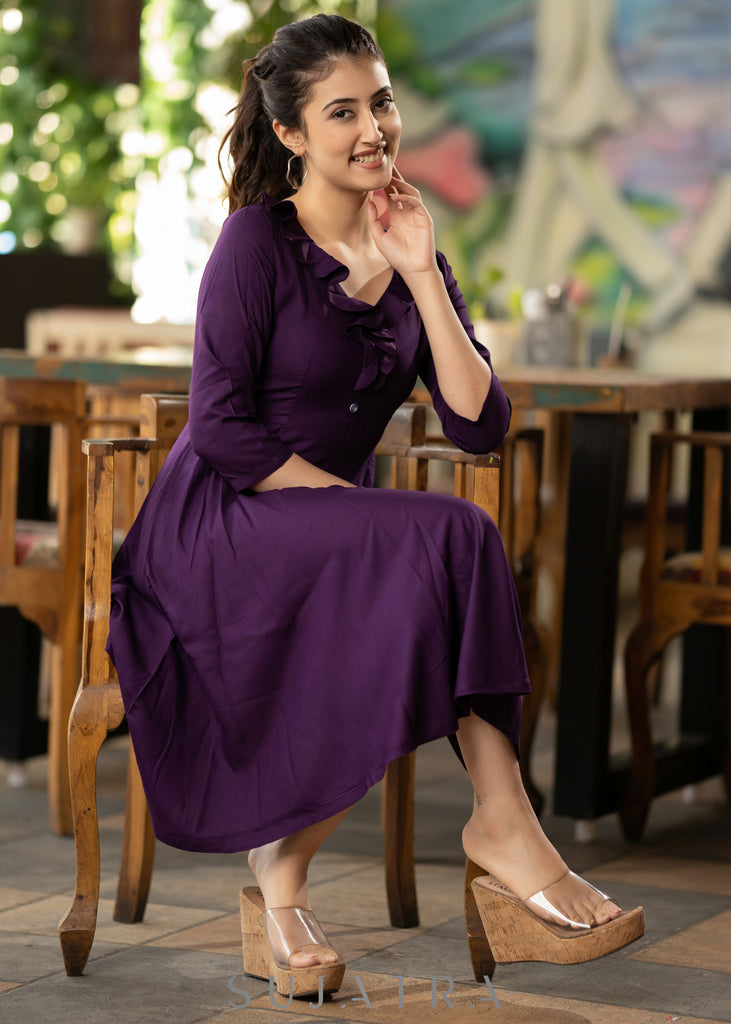 Purple rayon dress with frills on neckline