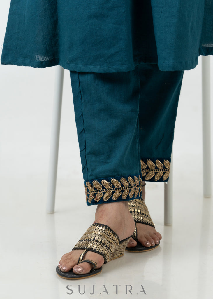 Elegant Teal Cotton A Line Kurta With Laces - Pant Optional