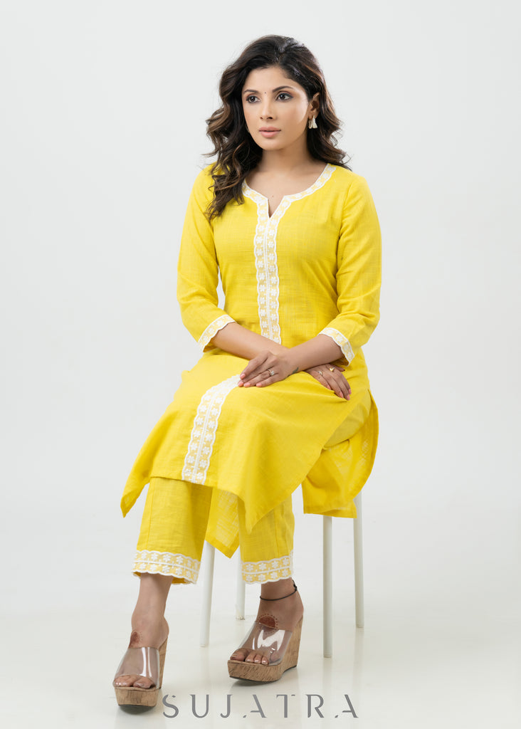 Pastel Yellow Cotton Kurta With Laces - Pant Optional