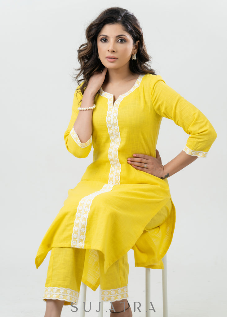 Pastel Yellow Cotton Kurta With Laces - Pant Optional