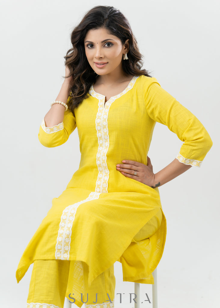 Pastel Yellow Cotton Kurta With Laces - Pant Optional