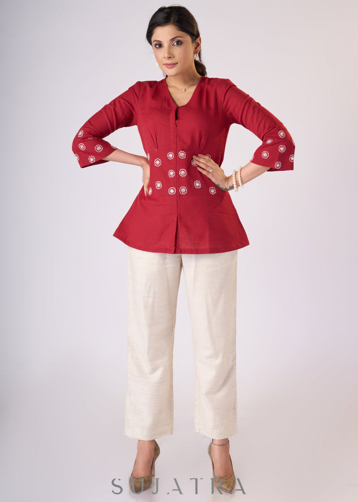 Trendy Maroon cotton top with embroidery on waist yoke & sleeves