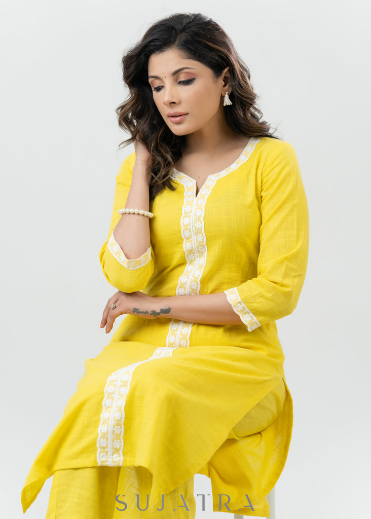 Pastel Yellow Cotton Kurta With Laces - Pant Optional