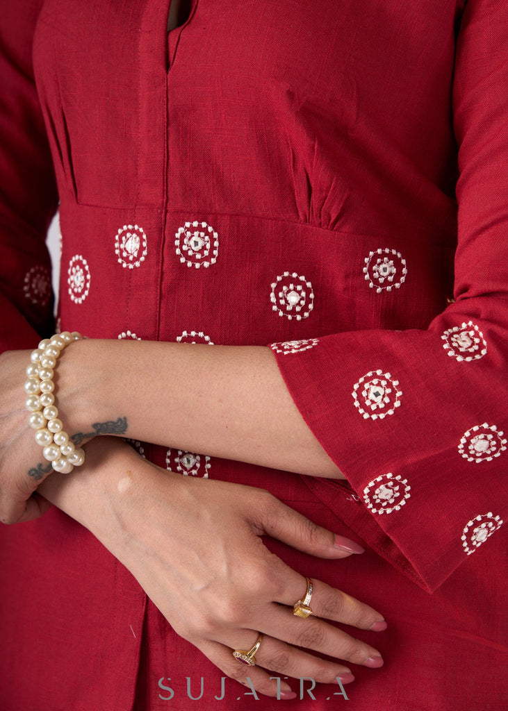 Trendy Maroon cotton top with embroidery on waist yoke & sleeves