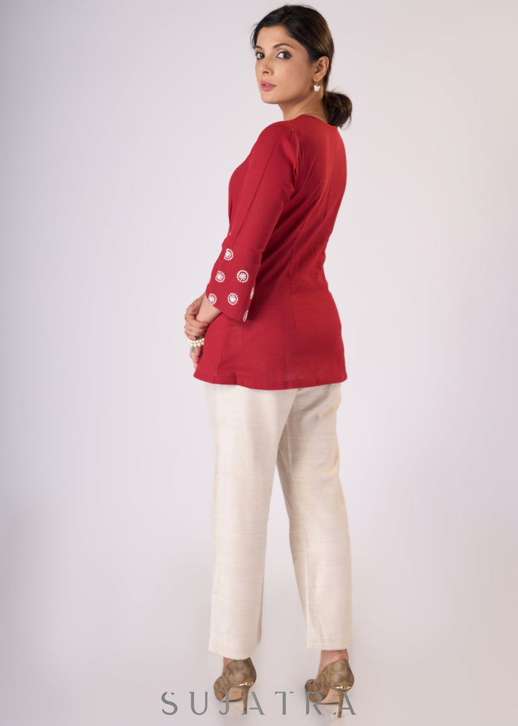 Trendy Maroon cotton top with embroidery on waist yoke & sleeves