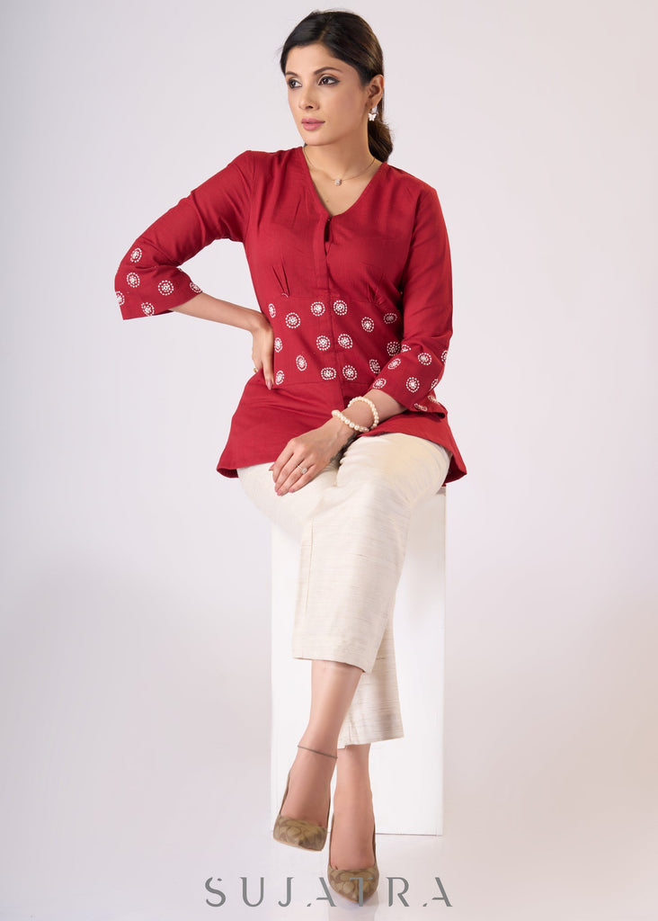 Trendy Maroon cotton top with embroidery on waist yoke & sleeves