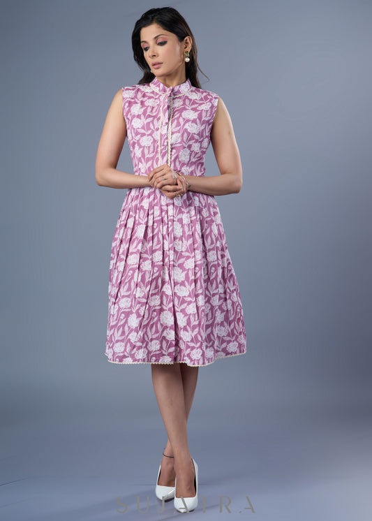 Smart Pinkish Lavender Cotton Printed Dress