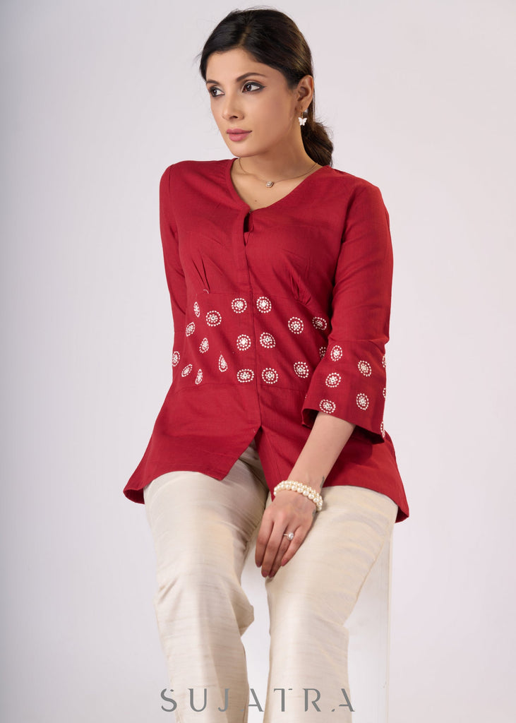 Trendy Maroon cotton top with embroidery on waist yoke & sleeves