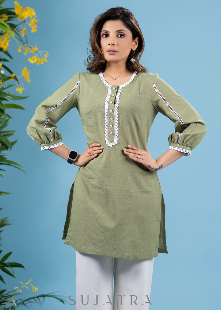 Elegant sage green cotton tunic highlighted with beautiful lace