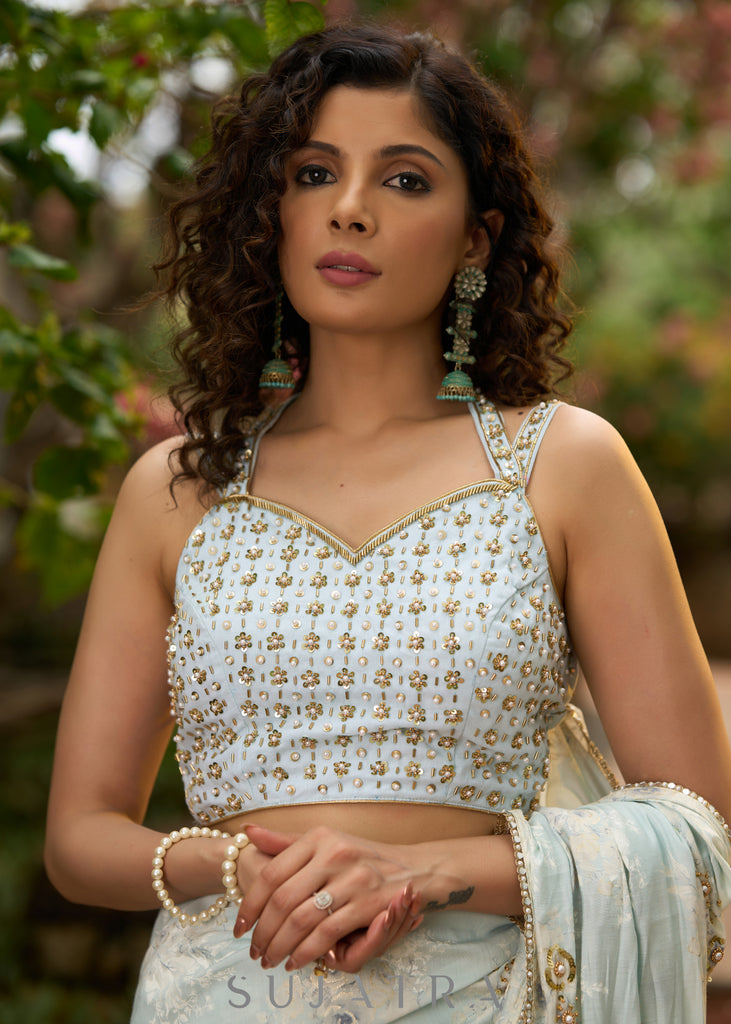 Exclusive ice blue mul cotton overall embroidered blouse