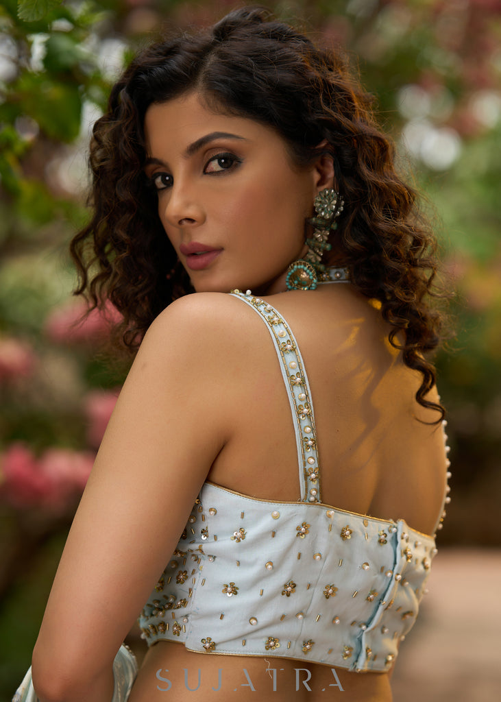 Exclusive ice blue mul cotton overall embroidered blouse