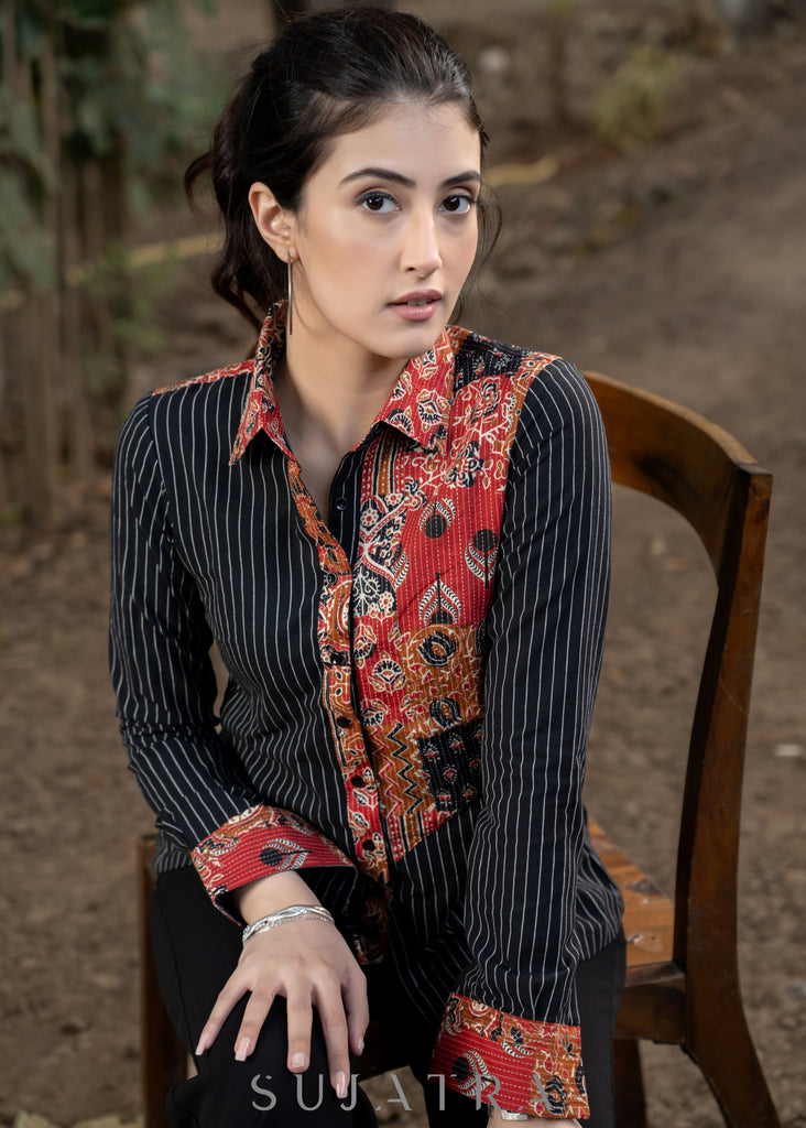 Trendy Black Striped Cotton Ikat Shirtwith Classy Patchwork Combination