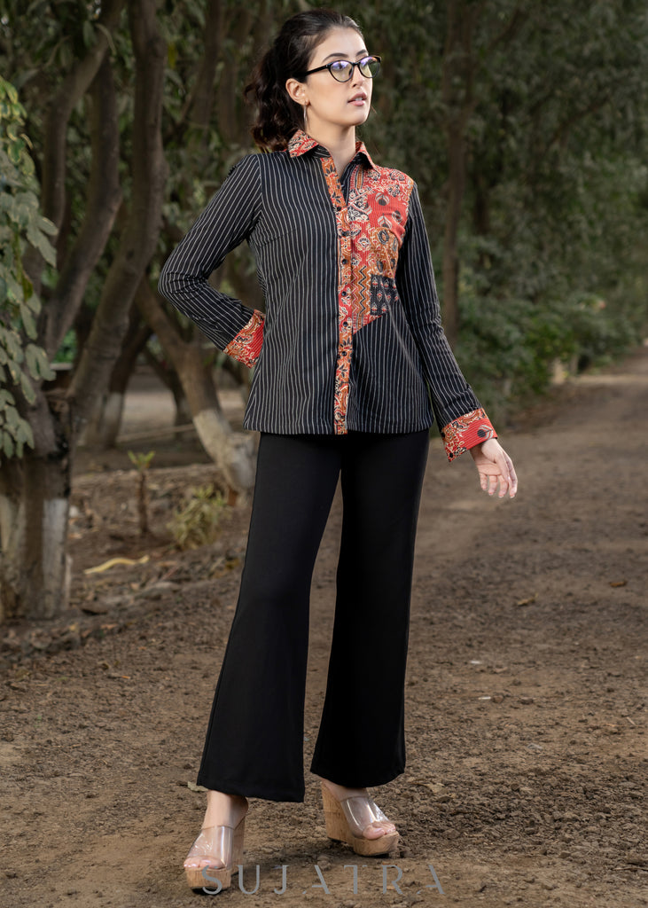 Trendy Black Striped Cotton Ikat Shirtwith Classy Patchwork Combination